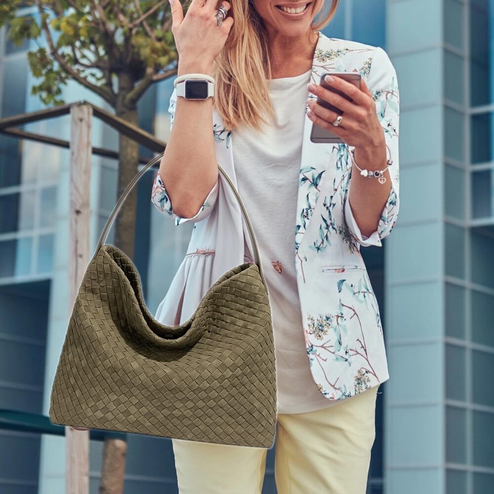 4235 Woven Suede Hobo Bag Trendy Slouchy Shoulder Tote Purse with Leather - Picture 3 of 7
